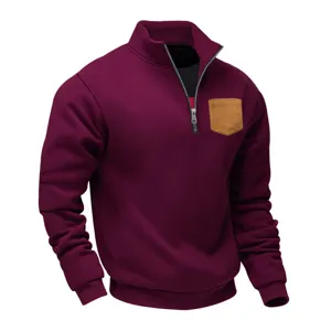 Men's quarter-zip fleece sweatshirt stand collar contrast pocket pullover casual winter top