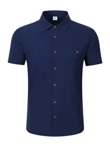 Men's casual linen short-sleeve shirt with lapel collar, chest pocket and breathable fabric.