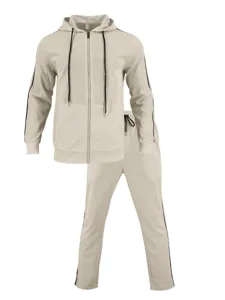 Men's casual zip-up hooded jacket and pants tracksuit set with stylish side stripes for autumn.