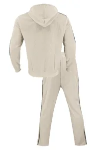 Detailed view of men's casual waffle knit hoodie jacket and matching pants set with side stripes.