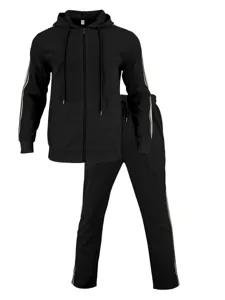 Men's black waffle-knit hooded zip jacket and matching track pants set detail view.