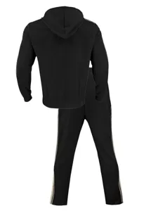 Men's casual hooded sweatshirt and sweatpants tracksuit set in black with side stripes.