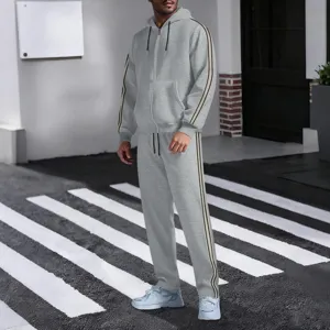 Men's autumn casual hooded zip-up cardigan jacket and long trousers tracksuit set.