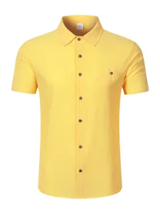 Men's casual linen short sleeve shirt detail, solid yellow color, breathable summer top.