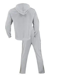 Men's casual grey hooded tracksuit back view showing long sleeve jacket and pants.