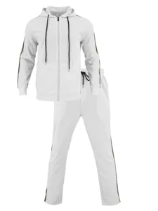 Men's white waffle tracksuit detail, hooded zip jacket and matching pants with side stripes.