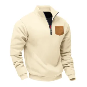 Men's casual half-zip stand collar fleece sweatshirt with chest patch pocket in beige.