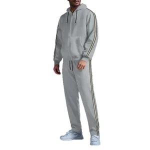Men waffle knit zip up hooded sweatshirt jacket and casual pants tracksuit set main view.