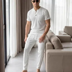 Men Casual Waffle Texture Henley Shirt And Cargo Pants Top And Bottom Set Solid Color Polyester Pocket Outfits