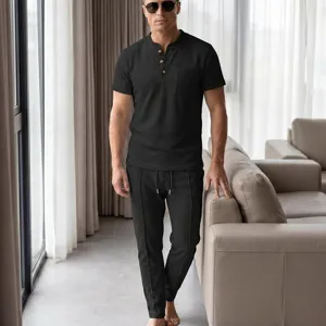 Men's waffle knit short sleeve henley shirt and casual trousers lounge set detail