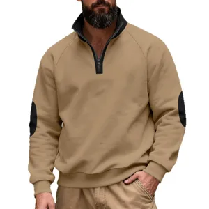 Men casual quarter-zip fleece sweatshirt retro contrast patch pullover autumn winter