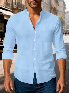 Men casual solid color cotton linen stand collar long sleeve shirt with pocket for men.