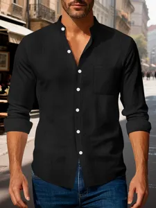 Men's solid color cotton linen mandarin collar long sleeve casual shirt with chest pocket