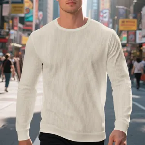 Men's waffle knit long sleeve crewneck shirt casual solid color top detailed street style shot.