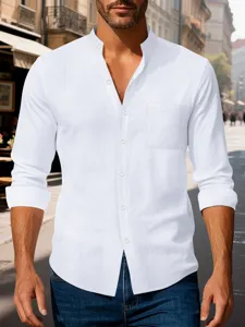Men casual solid color mandarin collar long sleeve shirt detail view showing fabric and pocket.