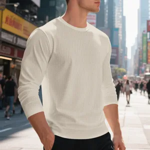 Men's casual waffle knit long sleeve crewneck solid color stylish fashion t-shirt