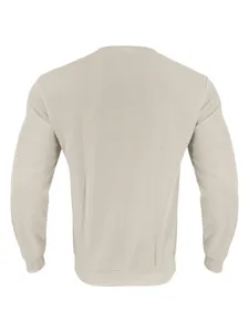 Back view detail of men's solid waffle knit long sleeve crewneck shirt in casual beige.