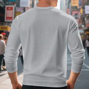 Men waffle knit long sleeve crewneck sweater back view urban casual style lightweight gray top