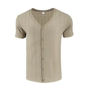 Men's Casual Short Sleeve V-Neck Button Cardigan T-Shirt Khaki Linen-Textured Top