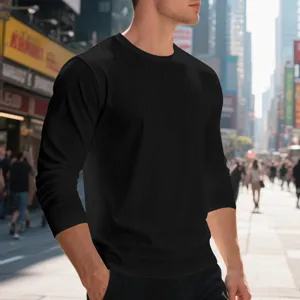 Men's Solid Black Waffle Knit Long Sleeve Crewneck T-Shirt Casual Fall Streetwear Top