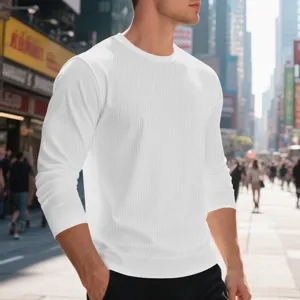 Men's casual white waffle knit long sleeve crewneck t-shirt, stylish solid color basic top.