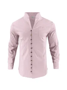Close-up of the pink long-sleeve henley shirt collar, buttons, and fabric texture details.