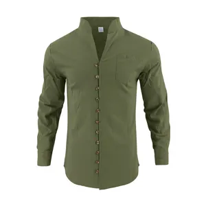 Men long sleeve solid color henley shirt casual stand collar cotton top with buttons pocket
