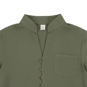 Close-up detail of a men's army green casual henley shirt featuring front buttons and chest pocket.