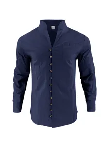 Men long sleeve solid color stand collar casual button down stylish henley shirt top