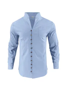 Men casual long sleeve henley shirt, light blue button down top with pocket mandarin collar.
