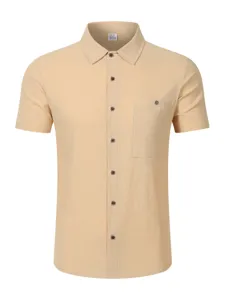 Men's casual linen short sleeve shirt solid color summer beach button down casual shirt.