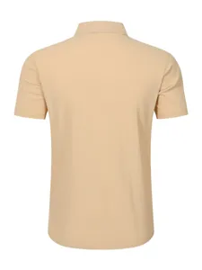 Back view detail of men casual short sleeve polo shirt in beige color with soft texture.