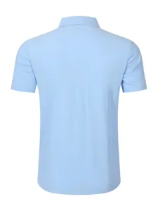 Detailed view of the back of a light blue men's short-sleeve casual shirt, solid textured fabric.