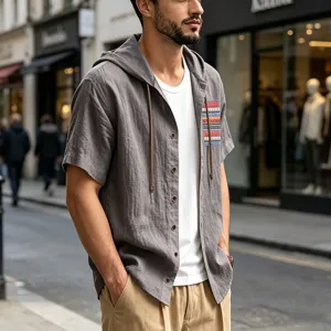 Men's short sleeve hooded linen shirt casual summer boho pocket detail street top.