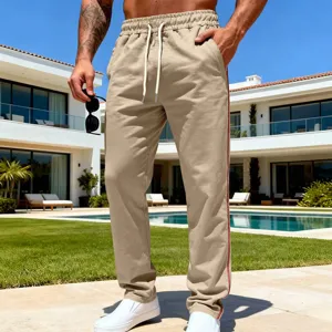 Men casual loose straight sweatpants detail, khaki sports trousers with drawstring and side stripe.
