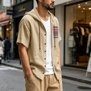 Men's Summer Linen Short Sleeve Hooded Shirt Casual Breathable Bohemian Beach Tops