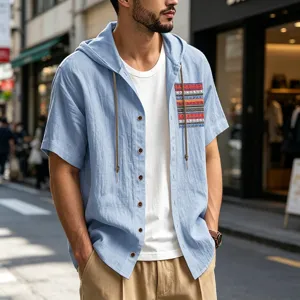 Men's Summer Casual Linen Short Sleeve Hooded Shirt Bohemian Pocket Beach Top Breathable Tees