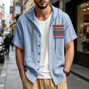 Men's summer linen short sleeve hooded shirt with tribal pocket, casual breathable beach top.