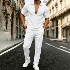 Summer casual men two piece set detail, white v-neck short sleeve shirt and pants.
