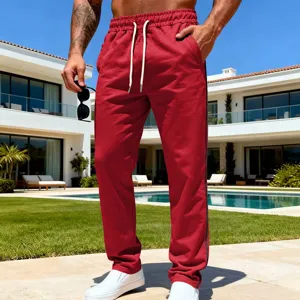 Men's red casual straight sweatpants with drawstring, comfortable sportswear for spring autumn.
