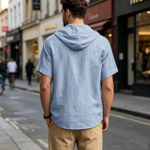 Men's summer linen short sleeve hooded t-shirt casual breathable loose bohemian top detail