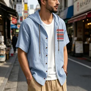 Men lightweight linen hooded short sleeve shirt detail, breathable casual summer beach top.