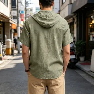 Men short sleeve hooded linen t-shirt casual summer loose breathable solid top detail
