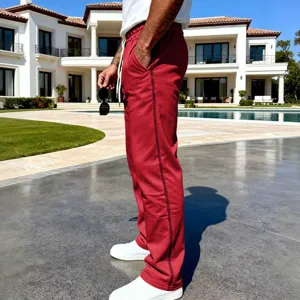 Men's red casual straight leg sweatpants with drawstring, ideal for daily athletic wear and sports.