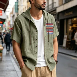 Men short sleeve hooded linen shirt summer casual breathable bohemian top for outdoor daily wear.