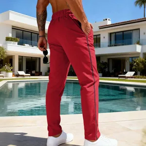 Men's red casual sweatpants with side stripe stylish straight leg trousers for daily wear.