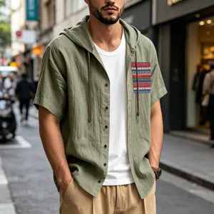 Mens bohemian style linen hooded short sleeve shirt with chest pocket casual summer top