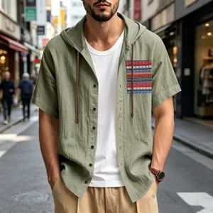 Men summer linen short sleeve hooded t-shirt bohemian casual breathable shirt top