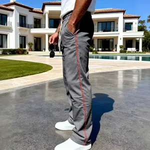 Men's casual straight leg sweatpants with contrast red side stripe, comfortable loose fit activewear.