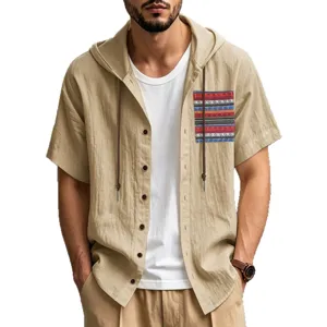 Men's casual summer linen hooded short sleeve shirt with bohemian pocket top breathable